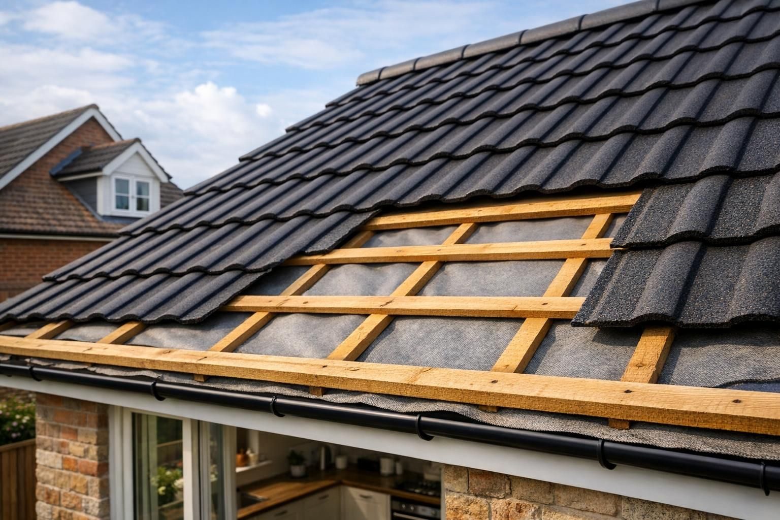 New roofing battens and breathable felt underlay on a UK roof