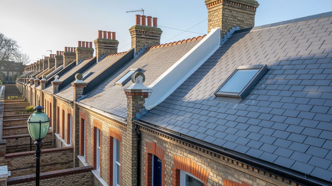 Row of UK houses with slate roofs and ridge lines