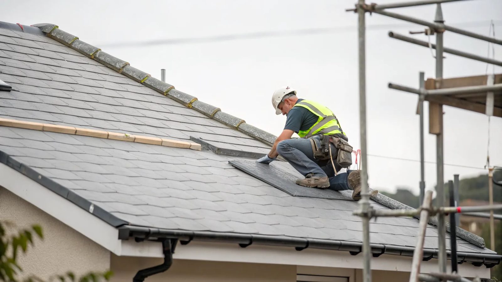 Roofer working safely on a scaffolded UK roof